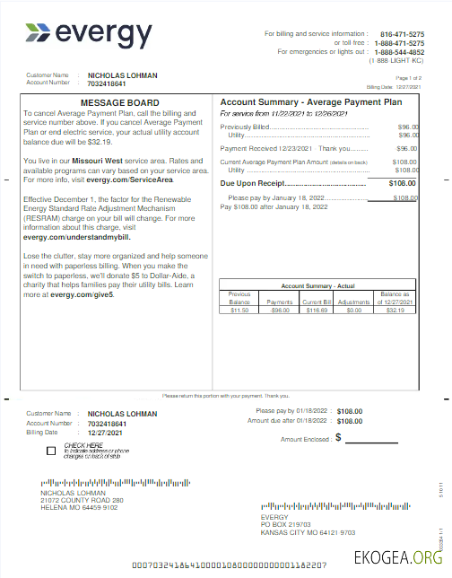 Usa Evergy utility bill word and pdf template